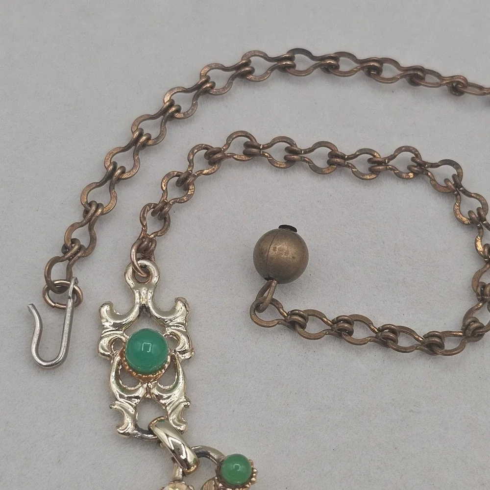 Vintage Necklace Gold Tone Green with Aurora Borealis Rhinestones